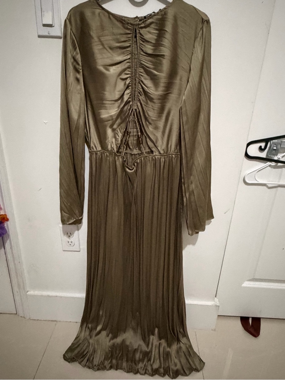 Zara Satin-Ruched Long Sleeve Dress in Olive